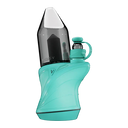 Focus V Carta Sport electric dab rig with contoured, non-slip silicone body sleeve and geometric borosilicate glass bubbler attachment.