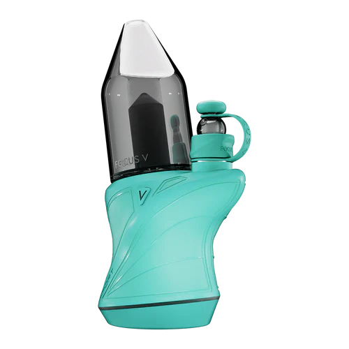 Focus V Carta Sport electric dab rig with contoured, non-slip silicone body sleeve and geometric borosilicate glass bubbler attachment.