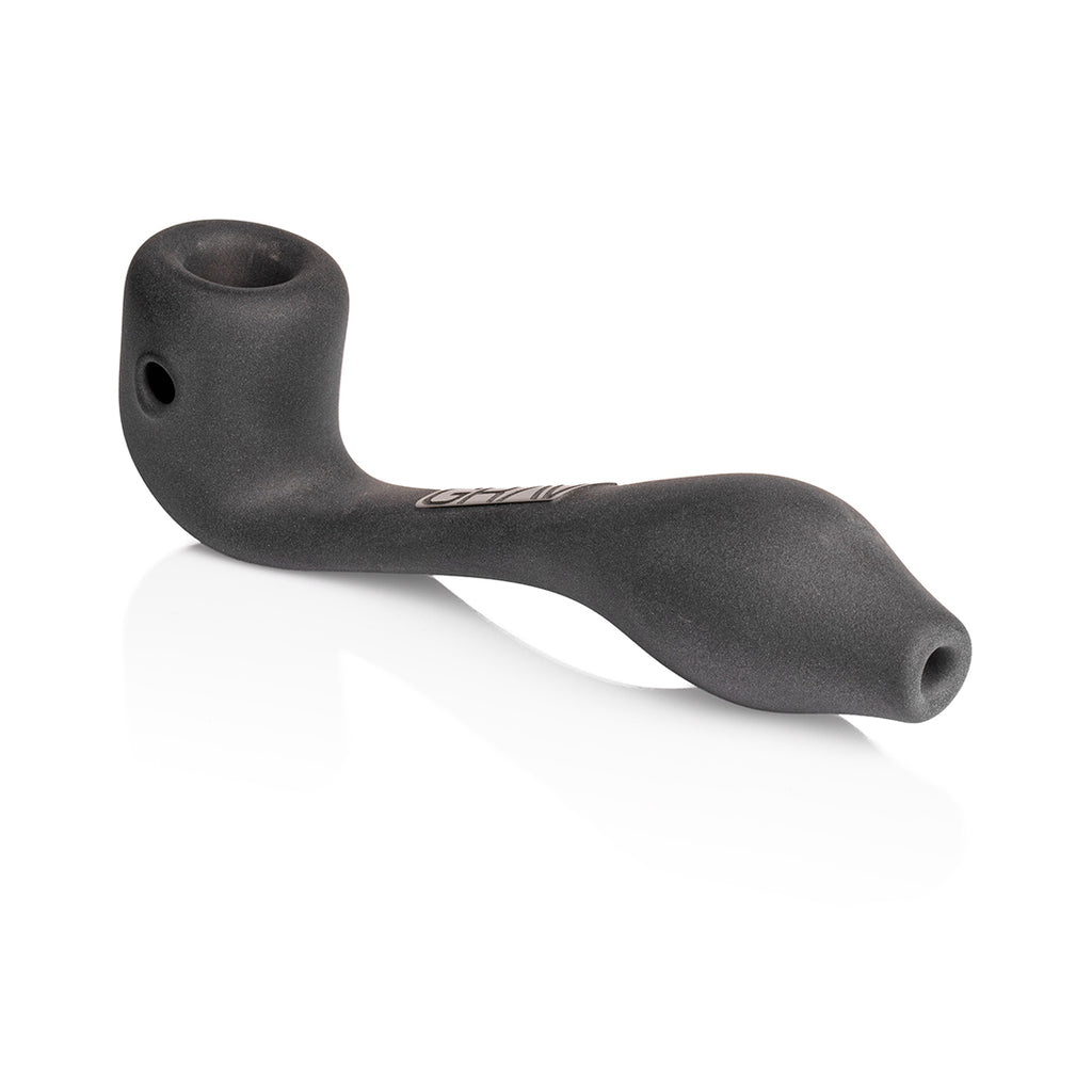 Durable borosilicate GRAV Sherlock pipe featuring sandblasted matte texture, deep bowl, and ash-catching mouthpiece for dry herb use.