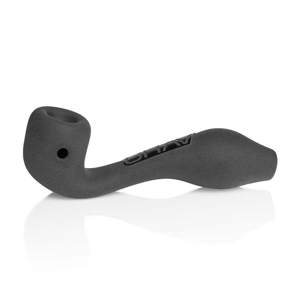 Matte sandblasted GRAV Sherlock pipe with ergonomic grip, perfect 4-inch glass hand pipe for smooth dry herb hits.