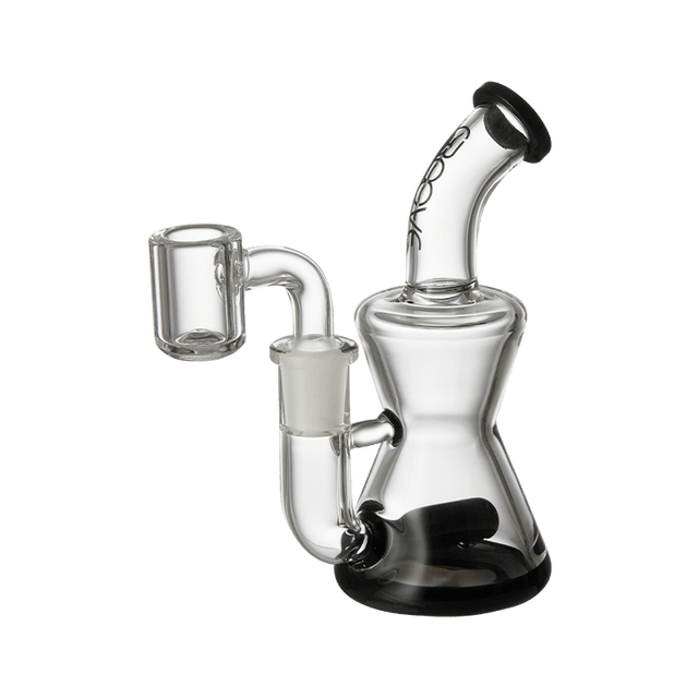 Explore Groove's Hourglass Micro Rig – A compact glass smoking device with black accents for a stylish look. Enjoy reliable hits with this high-quality, concentrate, and dry herb-compatible rig.