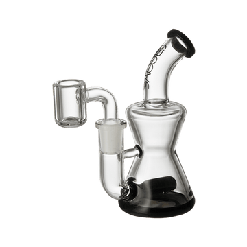 Explore Groove's Hourglass Micro Rig – A compact glass smoking device with black accents for a stylish look. Enjoy reliable hits with this high-quality, concentrate, and dry herb-compatible rig.