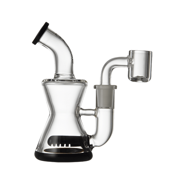 Discover Groove Glass Excellence – Hourglass Micro Rig with sleek black details. This compact, high-quality smoking device ensures reliable performance for both concentrates and dry herbs.