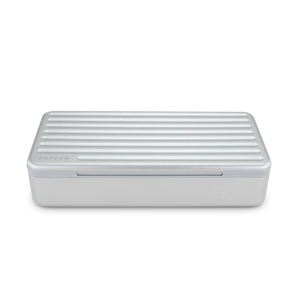 PuffCo Pivot travel case with aluminum exterior and magnetic lid for secure vape accessory storage
