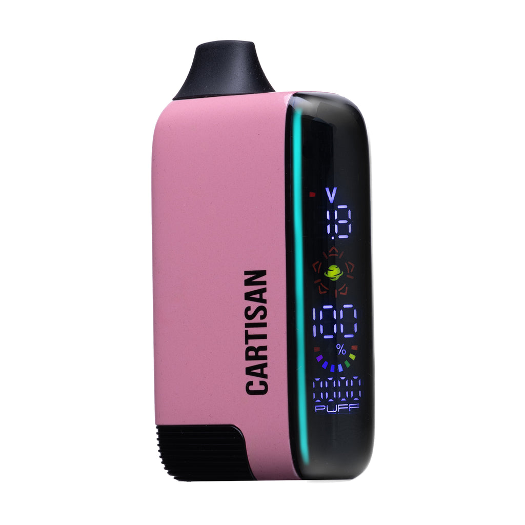 Sleek Cartisan Veil Bar Pro EVO shown with its variable voltage range (1.8 V–4.2 V) visible in the lighting effects