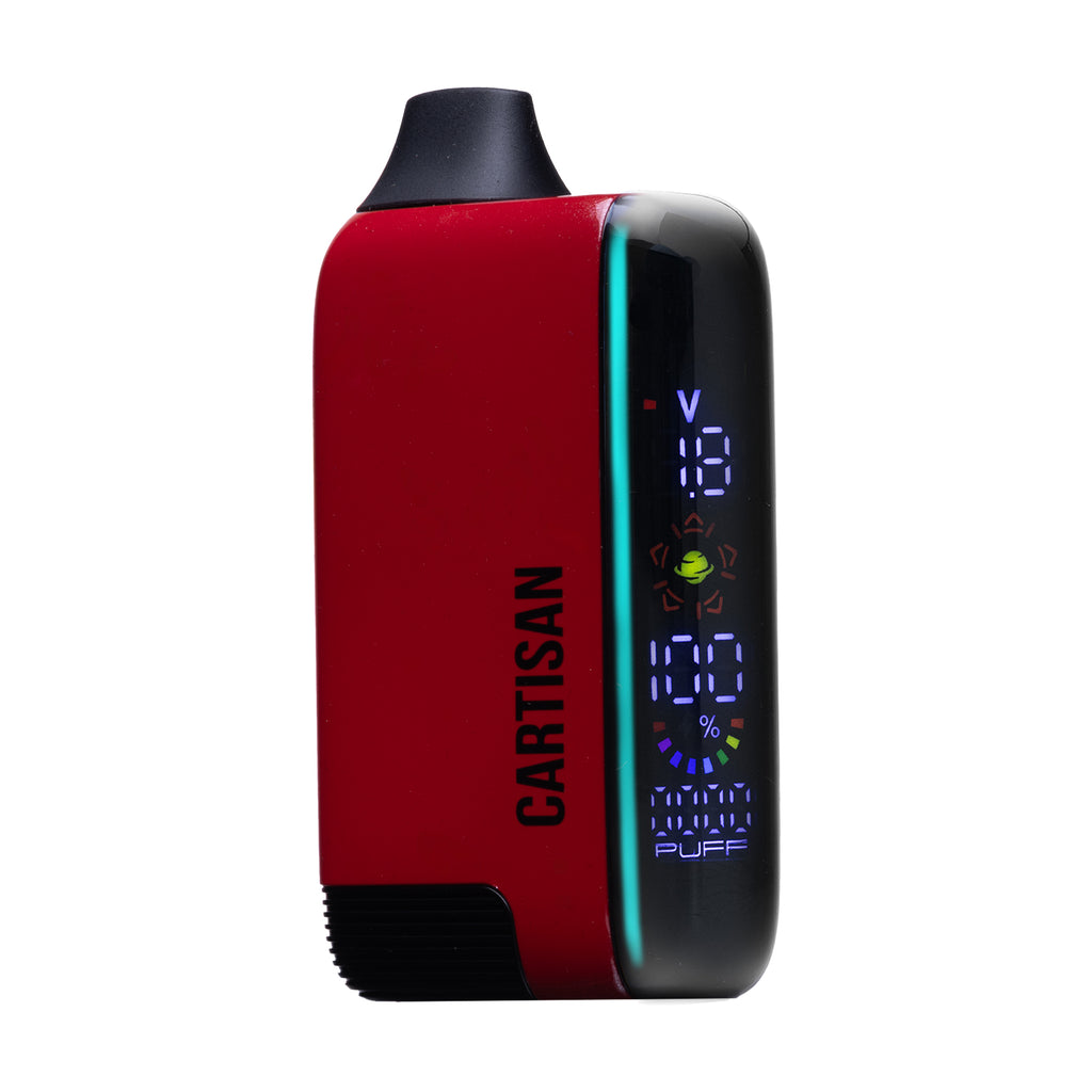 Close-up of digital OLED tube display on the Cartisan Veil Bar Pro EVO, showing voltage, battery level, and puff counter.